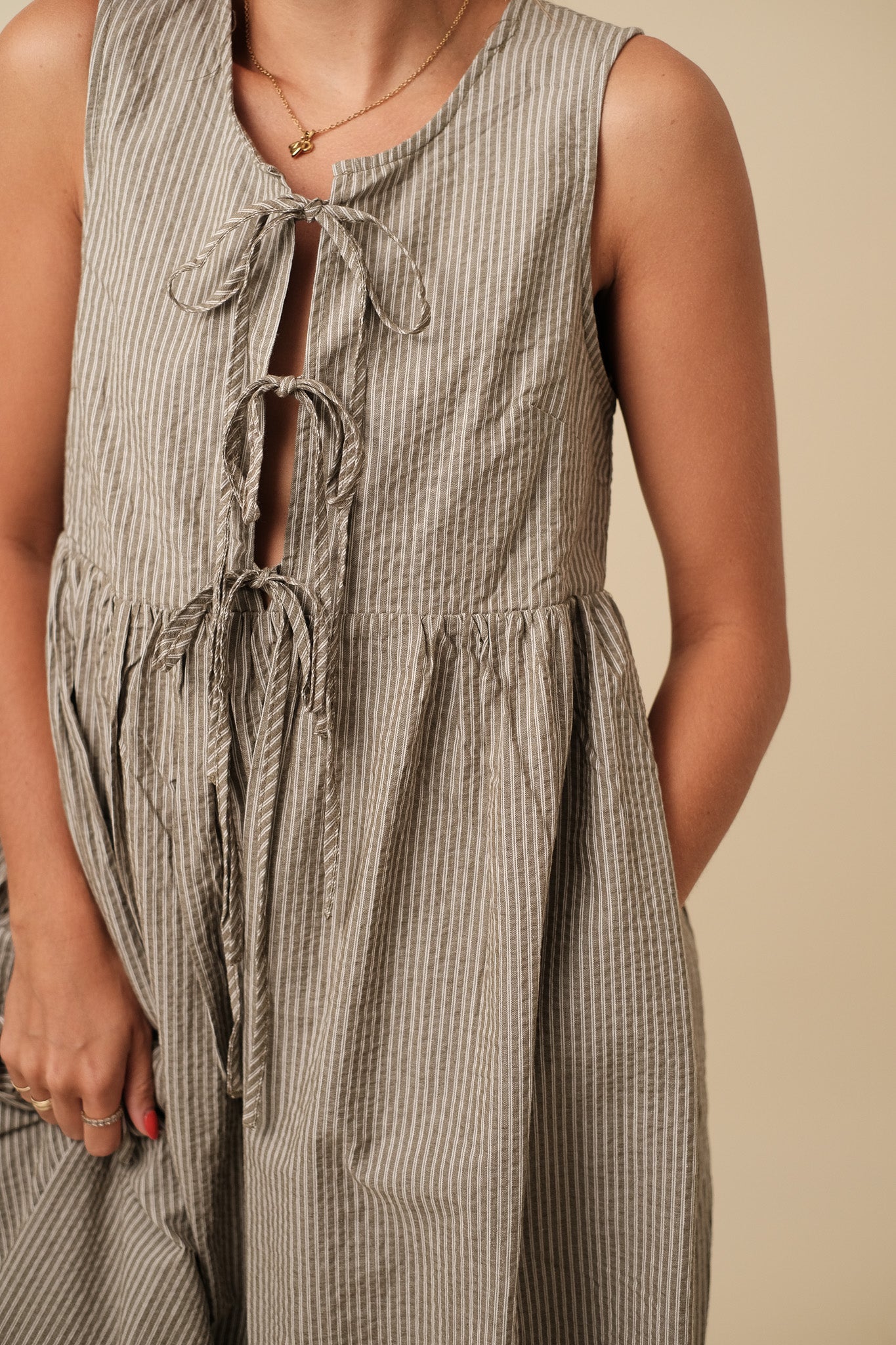 Daisy Olive Pinstripe Tie Neck Midi Dress