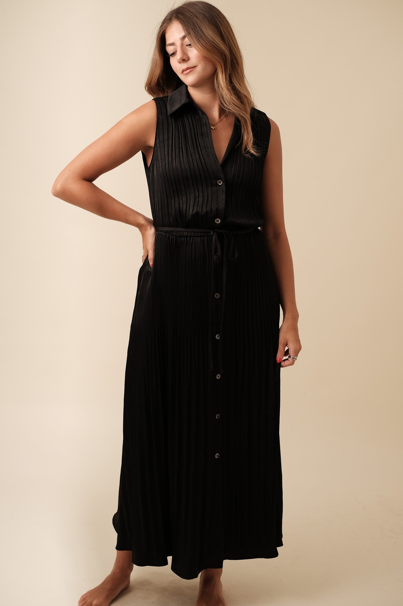 Current Air Vivian Plisse Buttoned Midi Dress (Black)