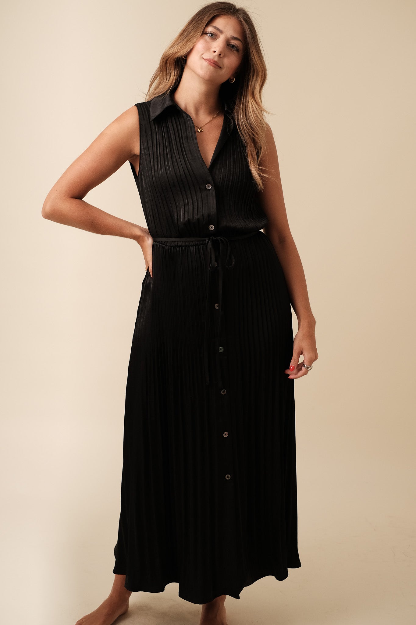 Current Air Vivian Plisse Buttoned Midi Dress (Black)