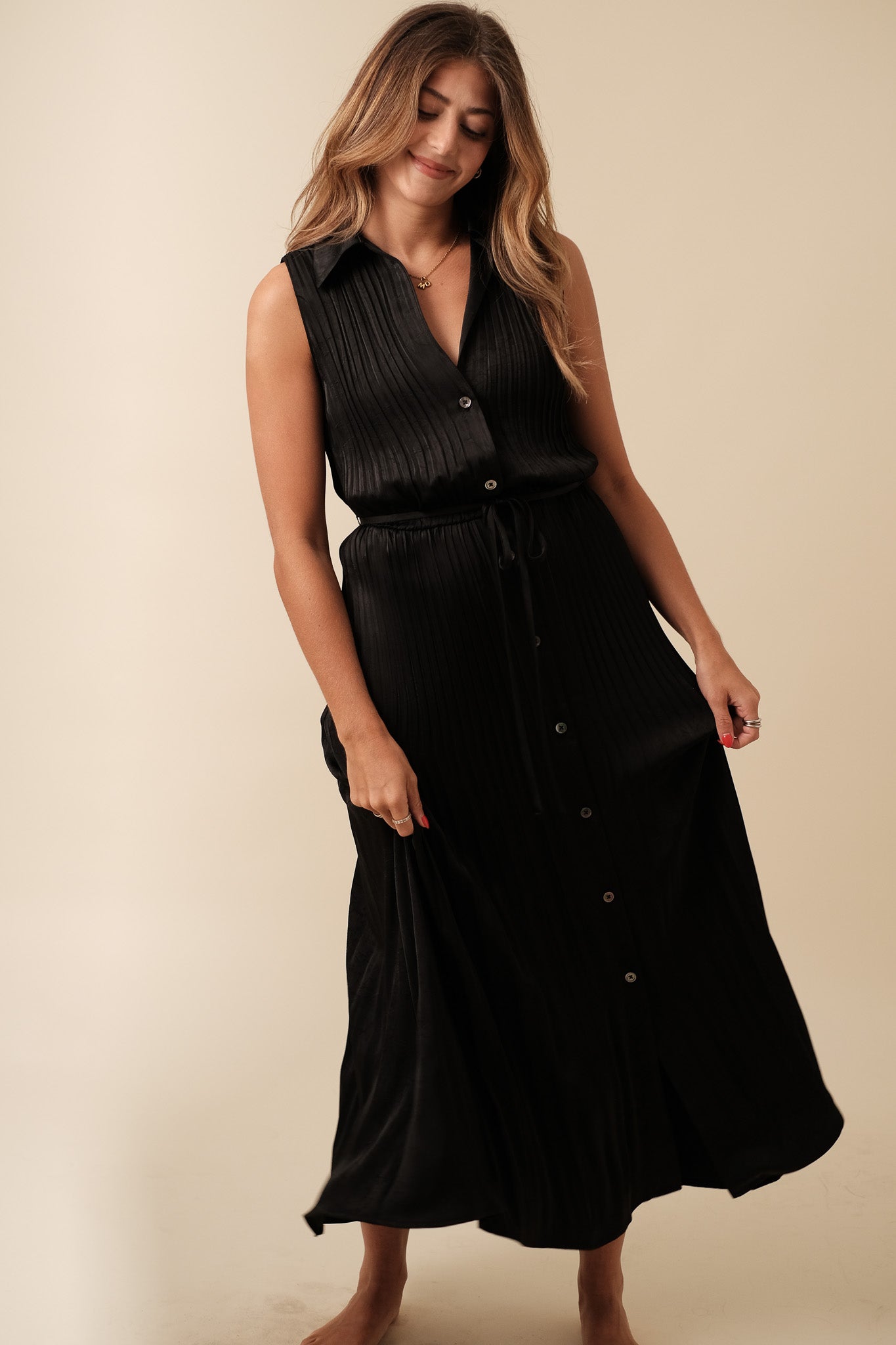 Current Air Vivian Plisse Buttoned Midi Dress (Black)