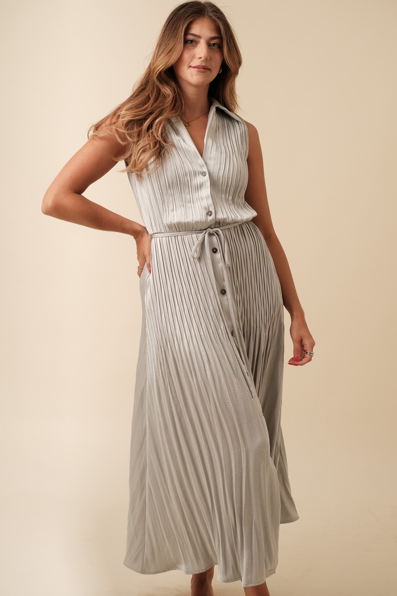 Current Air Vivian Plisse Buttoned Midi Dress (Sage)