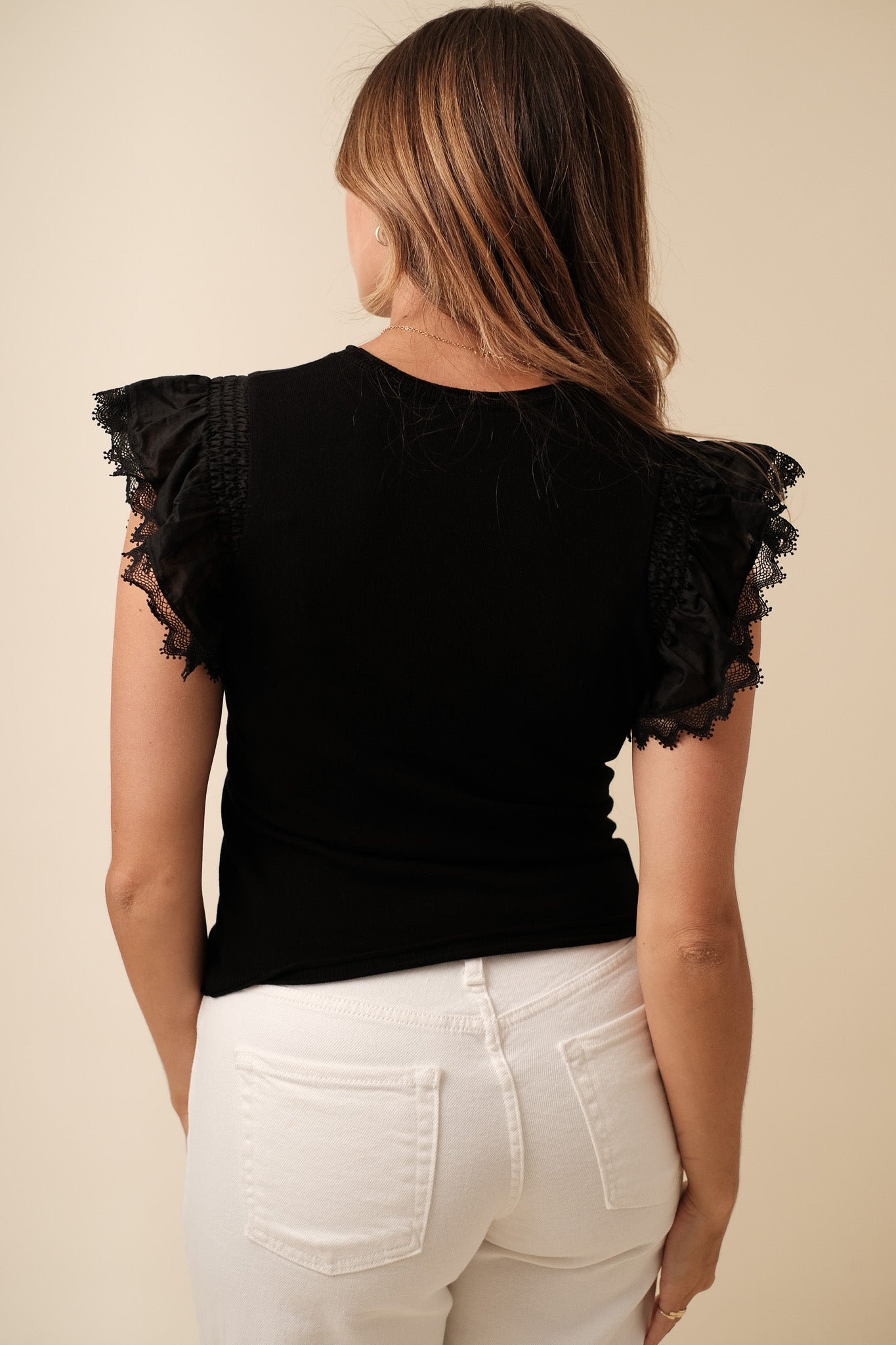 Current Air Victoria Eyelet Sleeve Ribbed Top (Black)