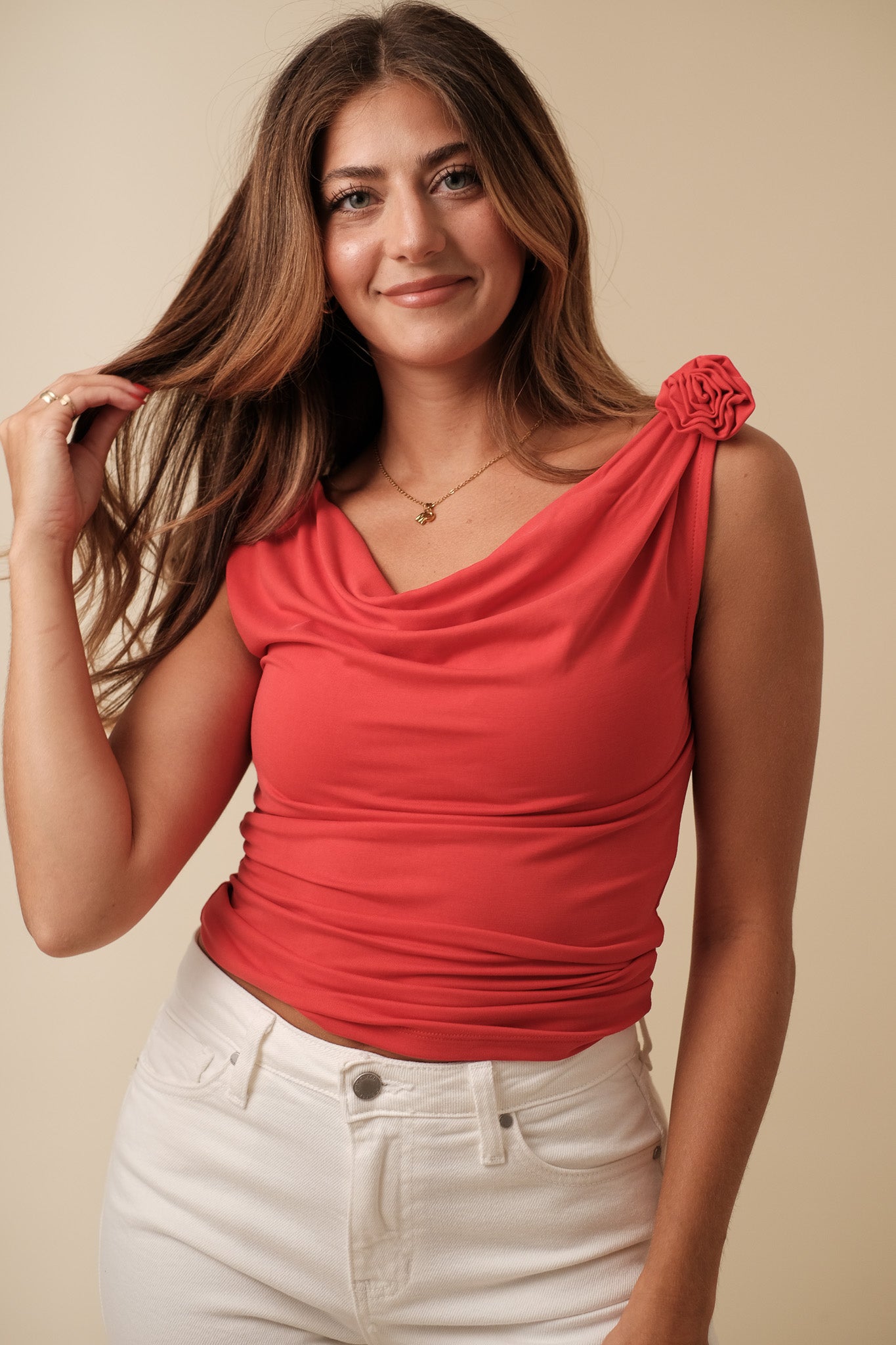 Kacey Red Cowl Neck Rose Top