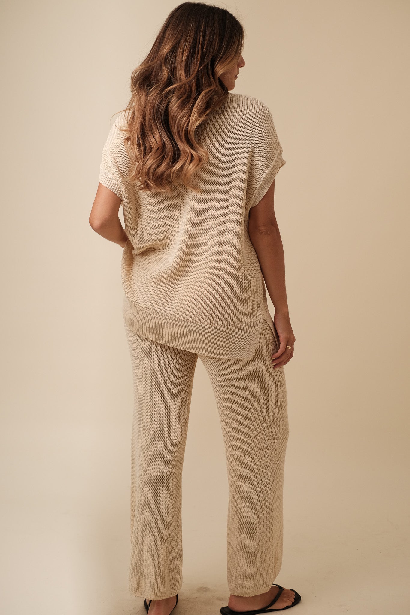 Miou Muse Wesley Beige Woven Knit Stretch Pants