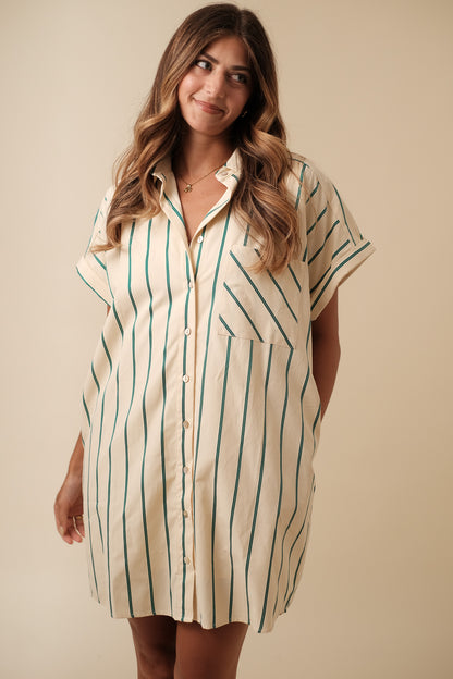 Winter Green Striped Cotton Buttoned Mini Dress