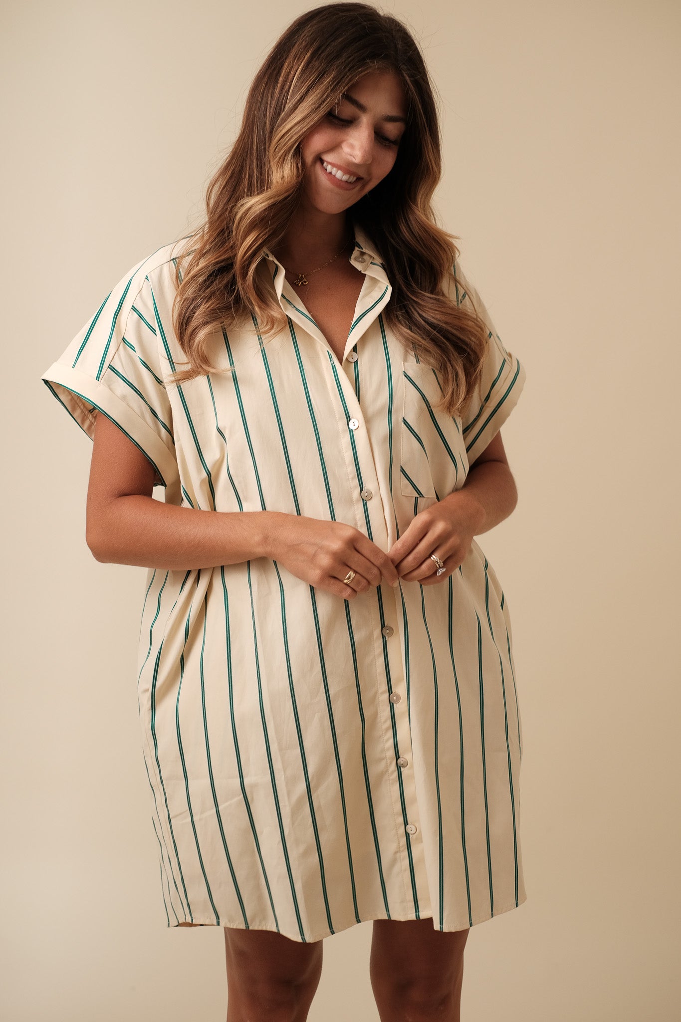 Winter Green Striped Cotton Buttoned Mini Dress