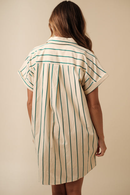 Winter Green Striped Cotton Buttoned Mini Dress