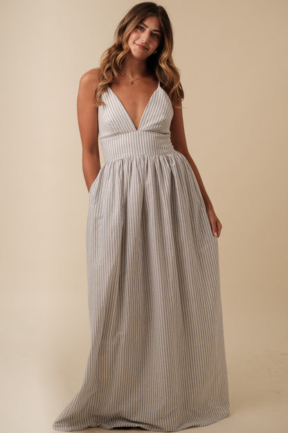 Winslow Blue Striped Deep V-Neckline Maxi Dress