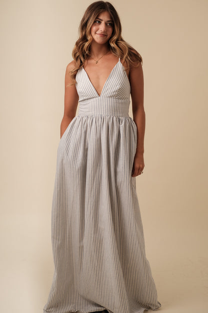 Winslow Blue Striped Deep V-Neckline Maxi Dress