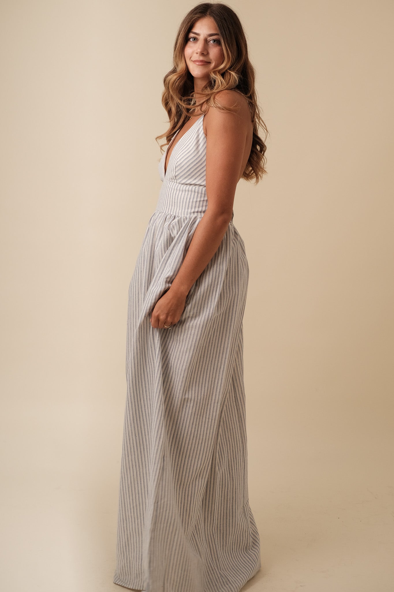 Winslow Blue Striped Deep V-Neckline Maxi Dress