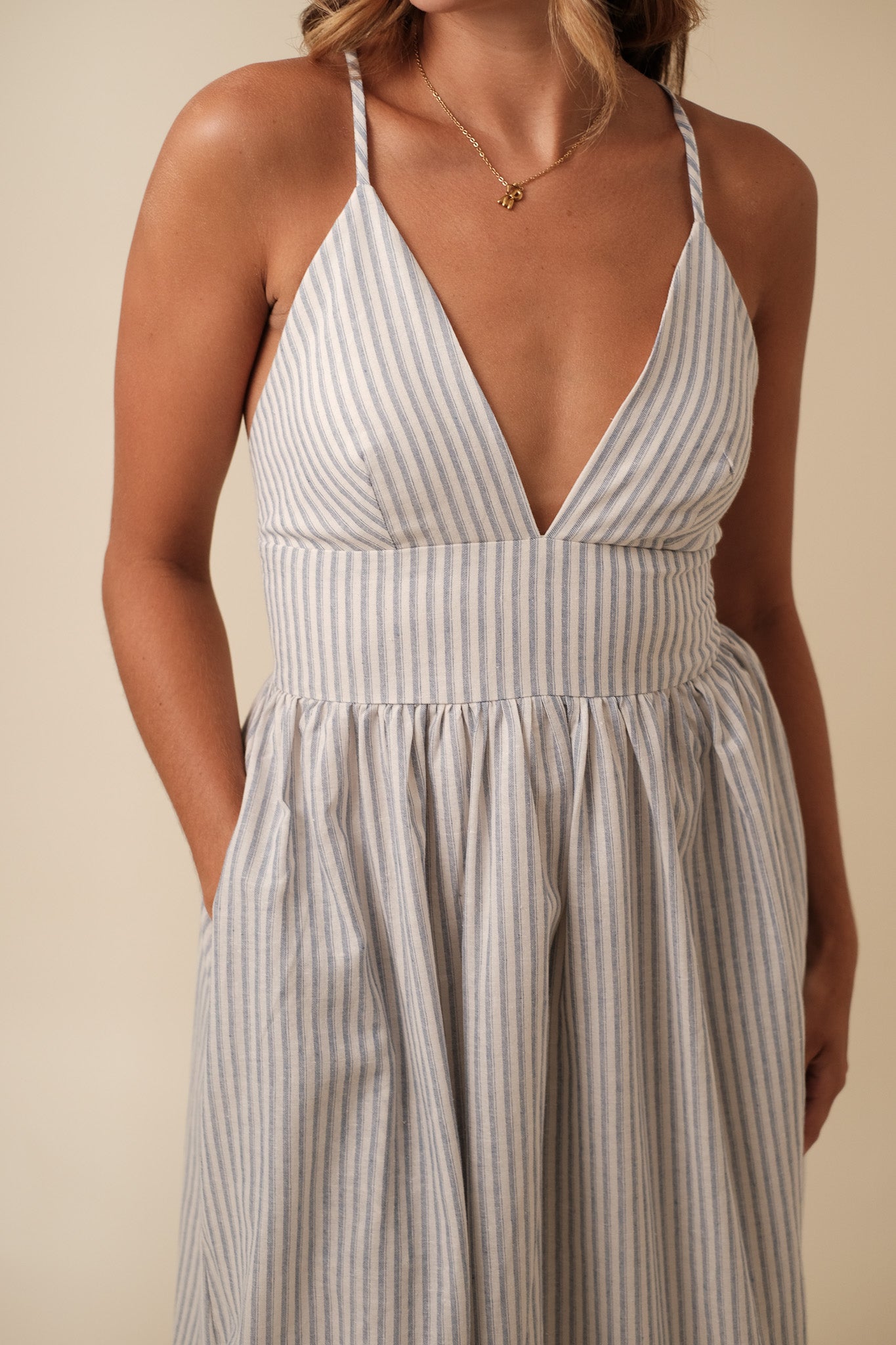 Winslow Blue Striped Deep V-Neckline Maxi Dress