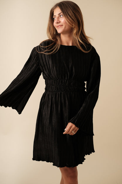 Zuri Black Pleated Flare Sleeve Mini Dress