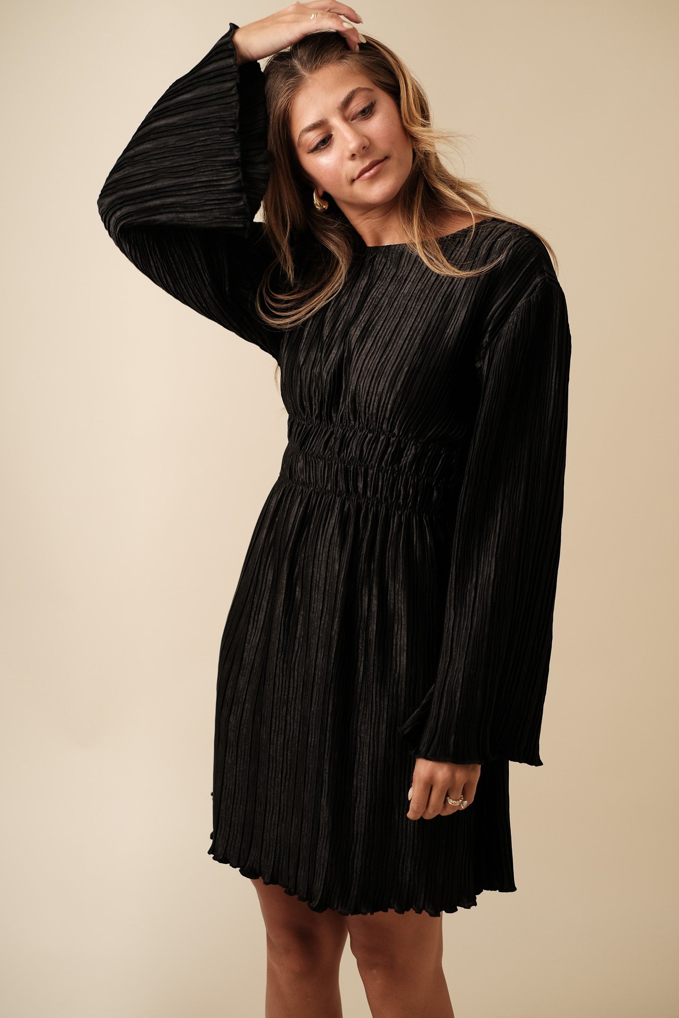 Zuri Black Pleated Flare Sleeve Mini Dress