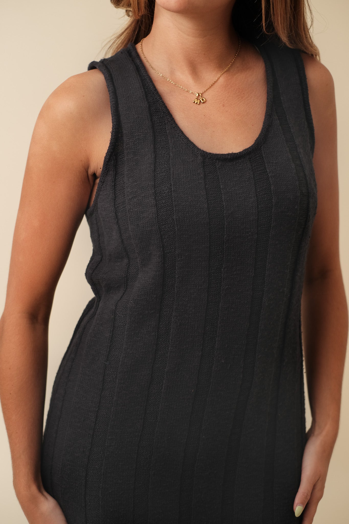 Camila Navy Knit Ribbed Tank Midi Dress