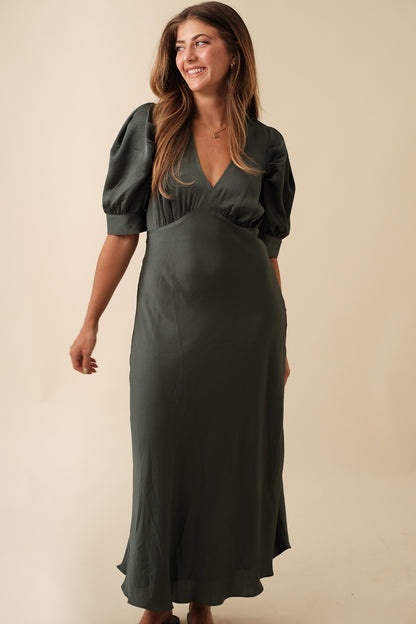 Current Air Bessie Puff Sleeve Midi Dress (Green)