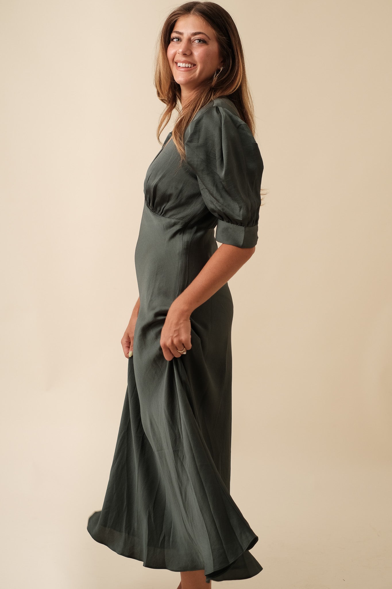 Current Air Bessie Puff Sleeve Midi Dress (Green)