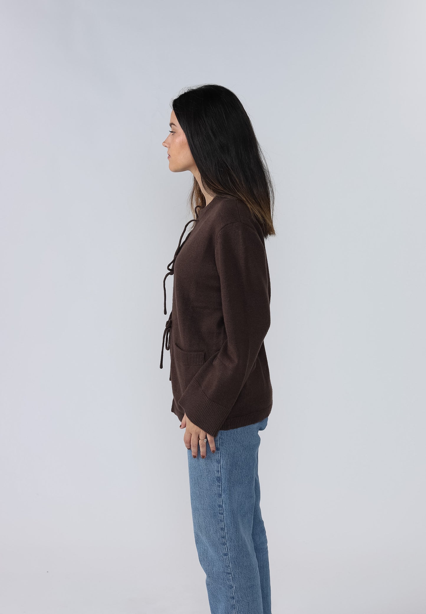 Hazel Chocolate Front Ties Knit Ribbed Top