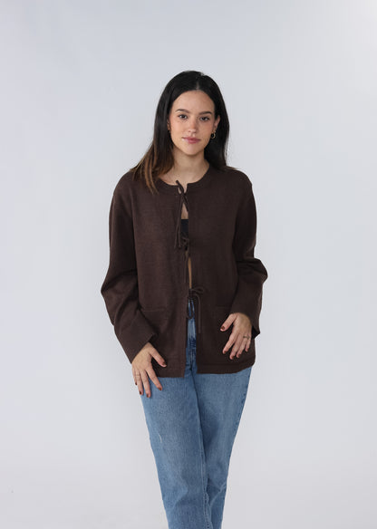 Hazel Chocolate Front Ties Knit Ribbed Top