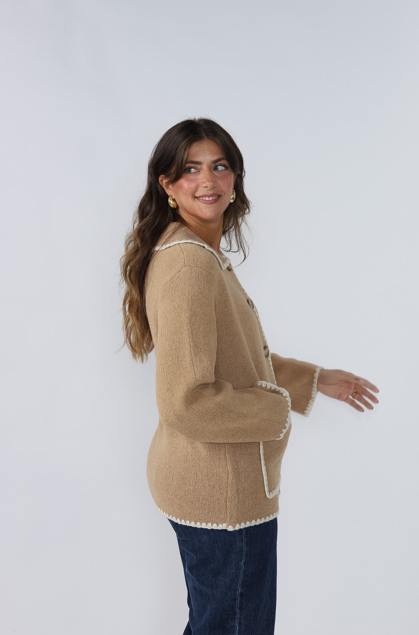 Harlow Knit Trim Buttoned Collar Jacket (Camel)