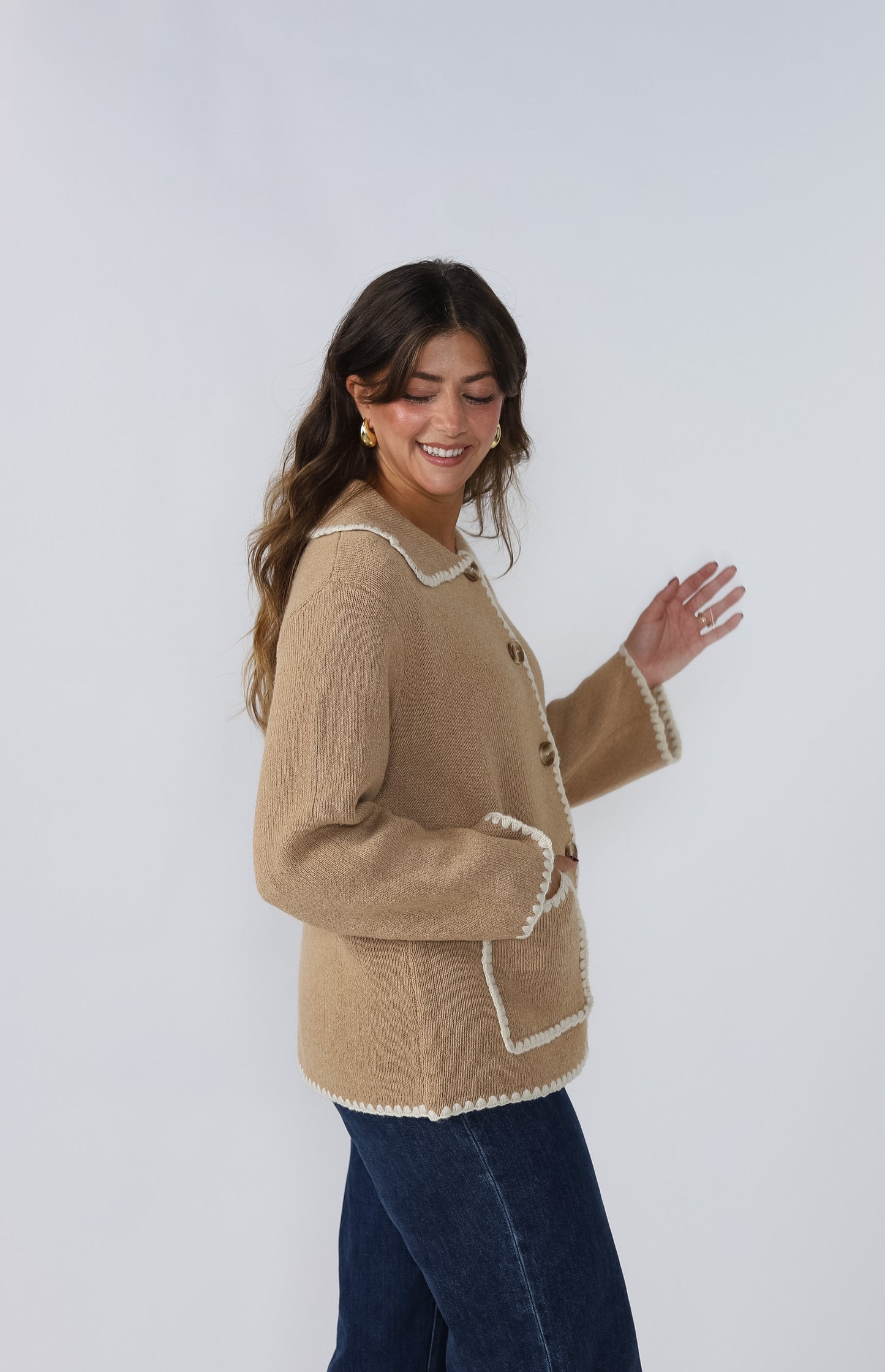 Harlow Knit Trim Buttoned Collar Jacket (Camel)