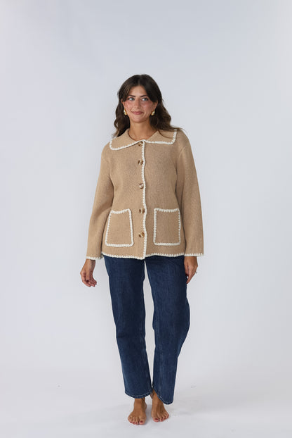 Harlow Knit Trim Buttoned Collar Jacket (Camel)