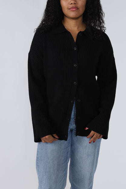 Harper Black Ribbed Knit Button Long Sleeve Top