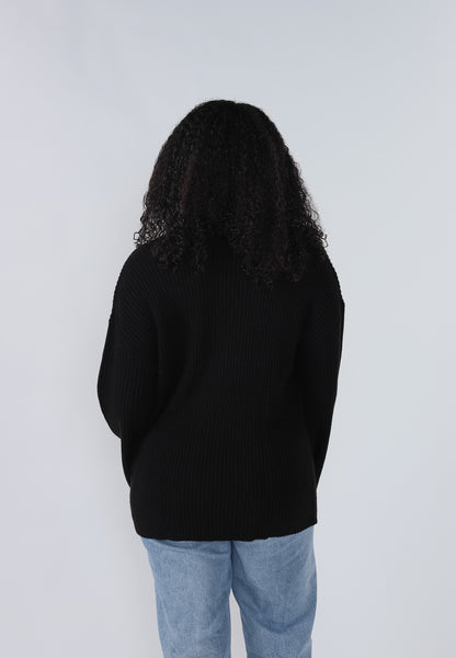 Harper Black Ribbed Knit Button Long Sleeve Top