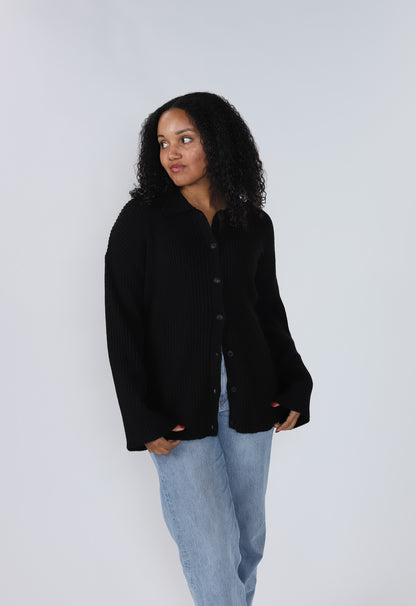 Harper Black Ribbed Knit Button Long Sleeve Top