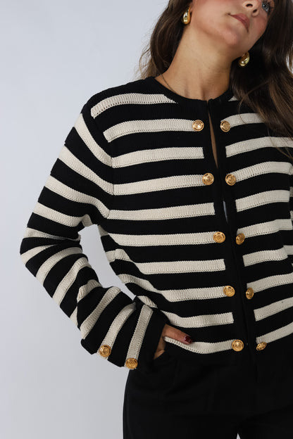 Haven Black and Cream Stripe Gold Buttoned Top