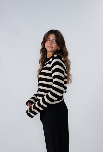 Haven Black and Cream Stripe Gold Buttoned Top