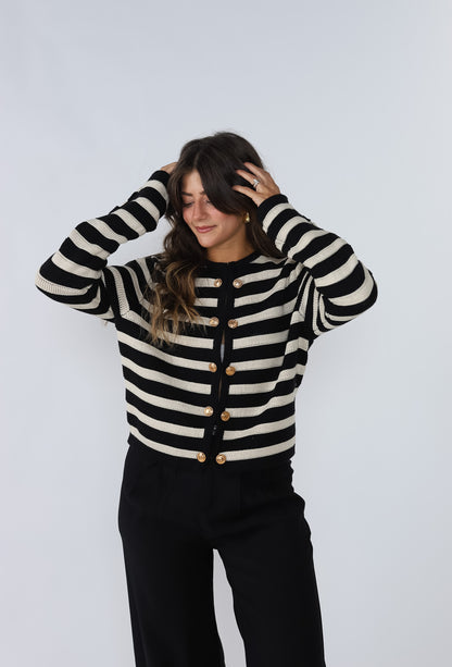 Haven Black and Cream Stripe Gold Buttoned Top