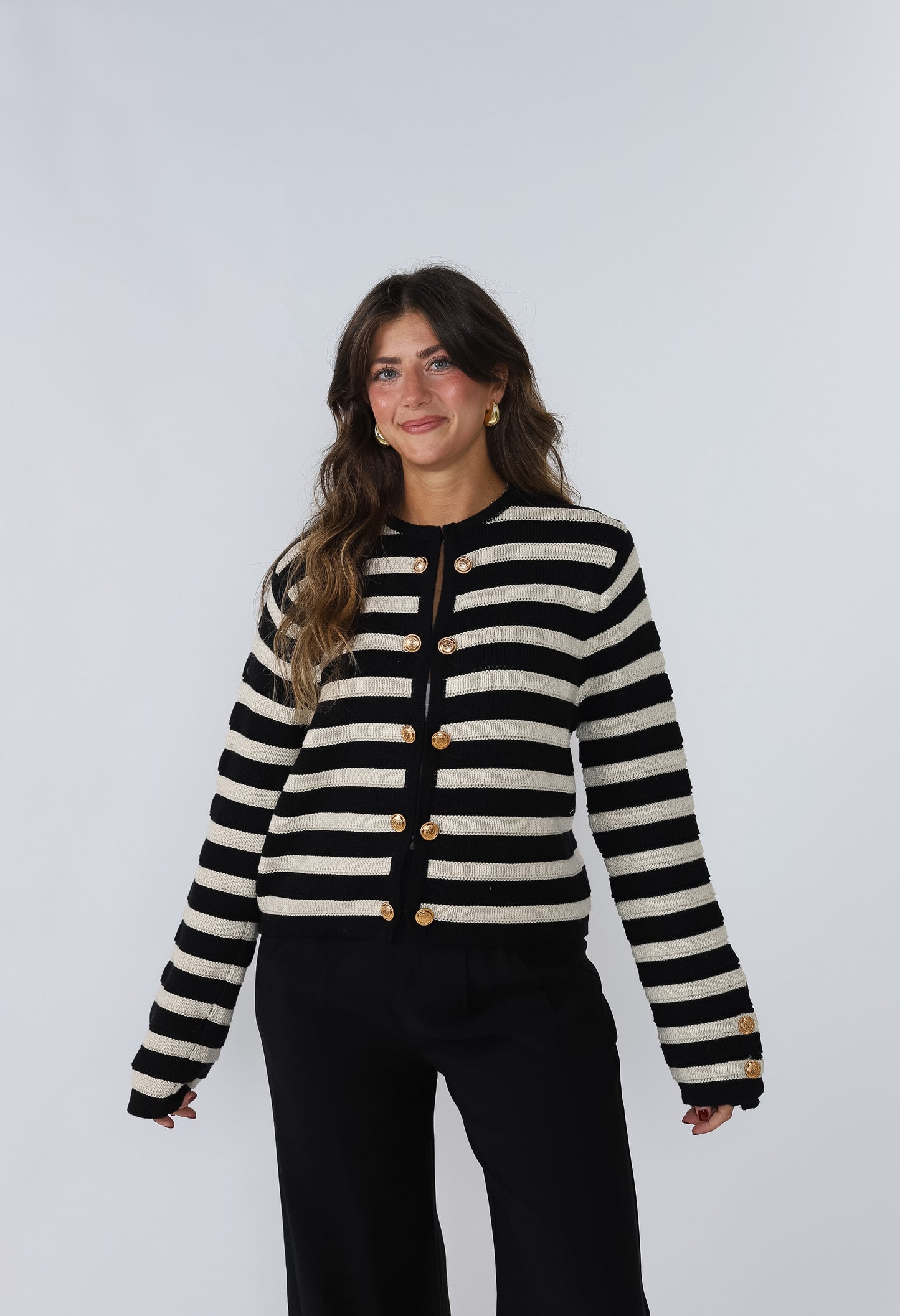 Haven Black and Cream Stripe Gold Buttoned Top