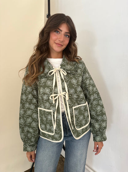 Frida Olive Floral Quilted Collar Tie Front Jacket