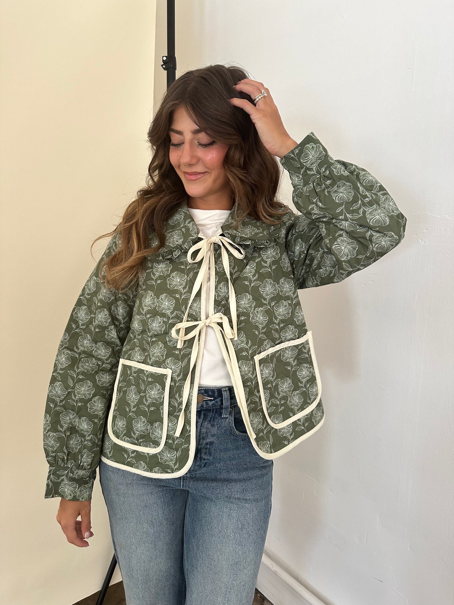 Frida Olive Floral Quilted Collar Tie Front Jacket