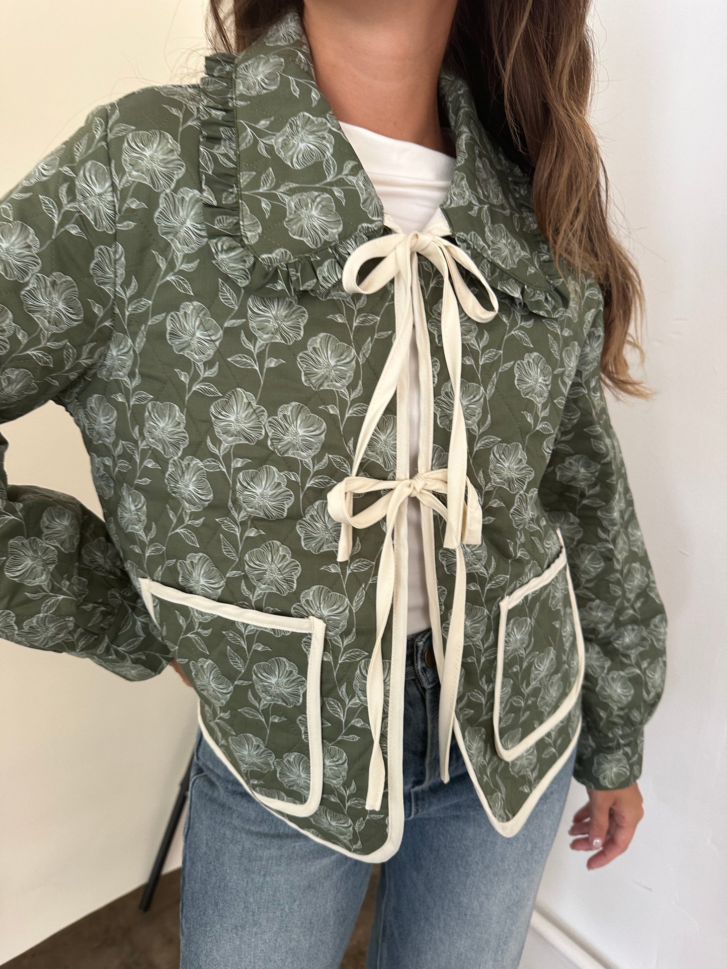 Frida Olive Floral Quilted Collar Tie Front Jacket