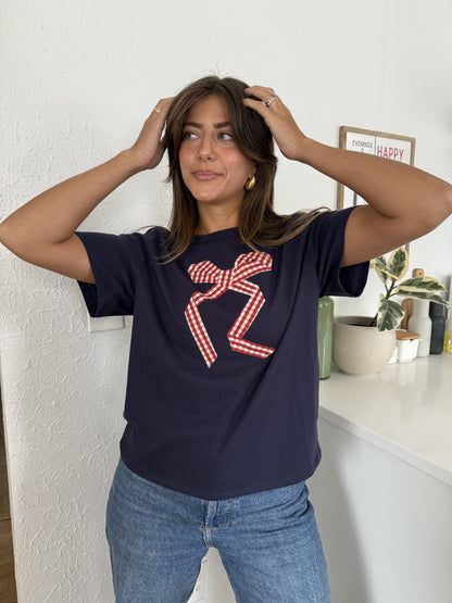 Things Between Gia Gingham Bow Print T-Shirt (Navy)