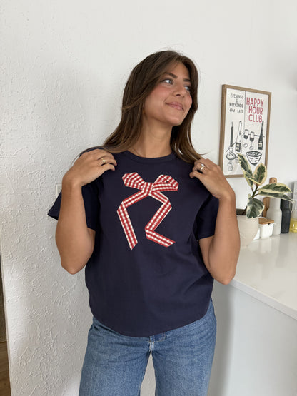 Things Between Gia Gingham Bow Print T-Shirt (Navy)