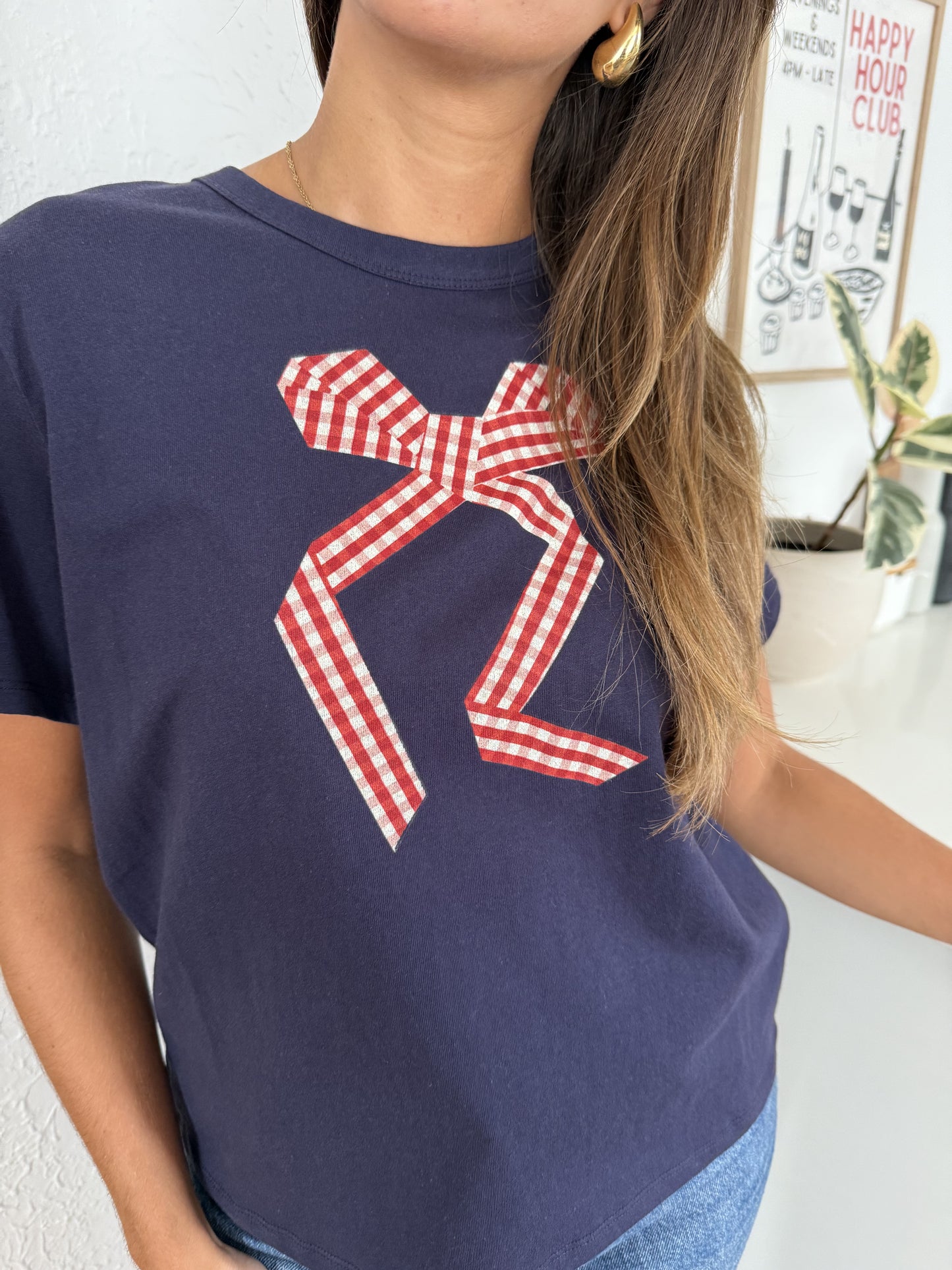 Things Between Gia Gingham Bow Print T-Shirt (Navy)