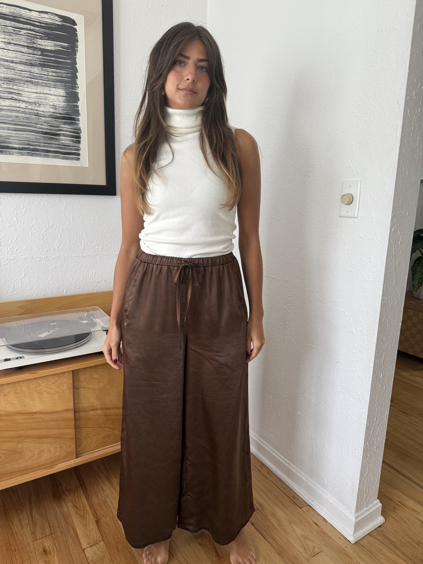 Gemma Satin Wide Leg Drawstring Pants (Brown)