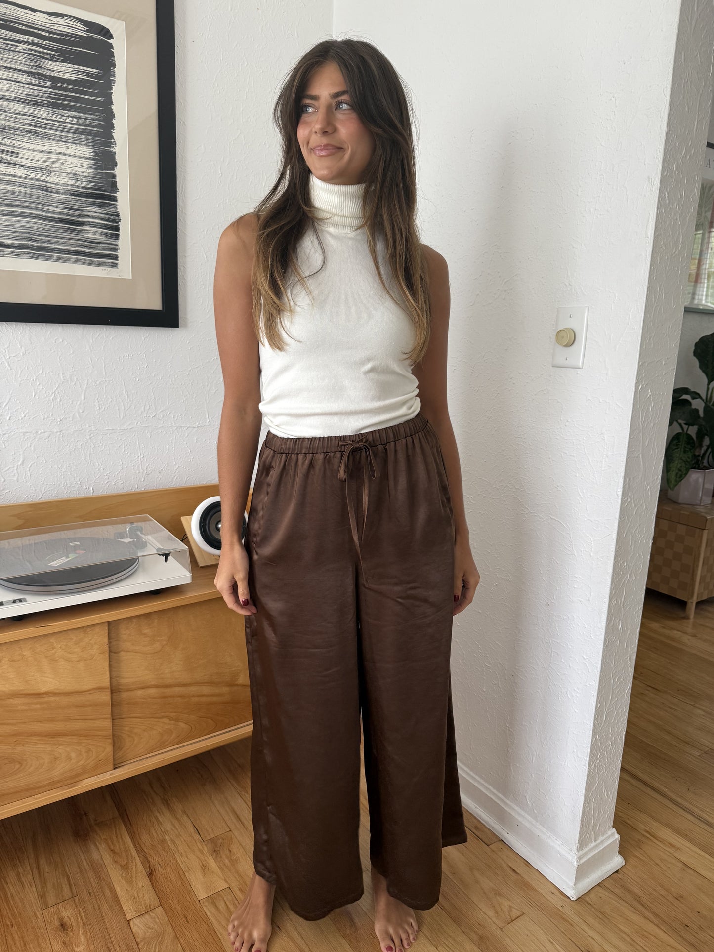 Gemma Satin Wide Leg Drawstring Pants (Brown)