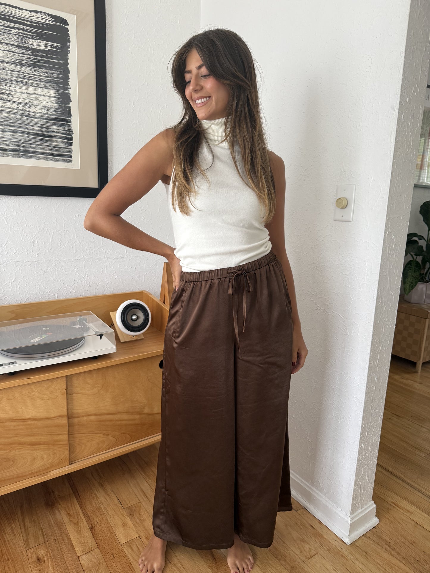 Gemma Satin Wide Leg Drawstring Pants (Brown)