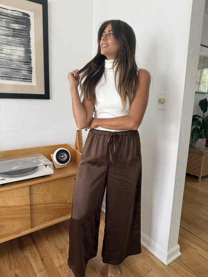 Gemma Satin Wide Leg Drawstring Pants (Brown)