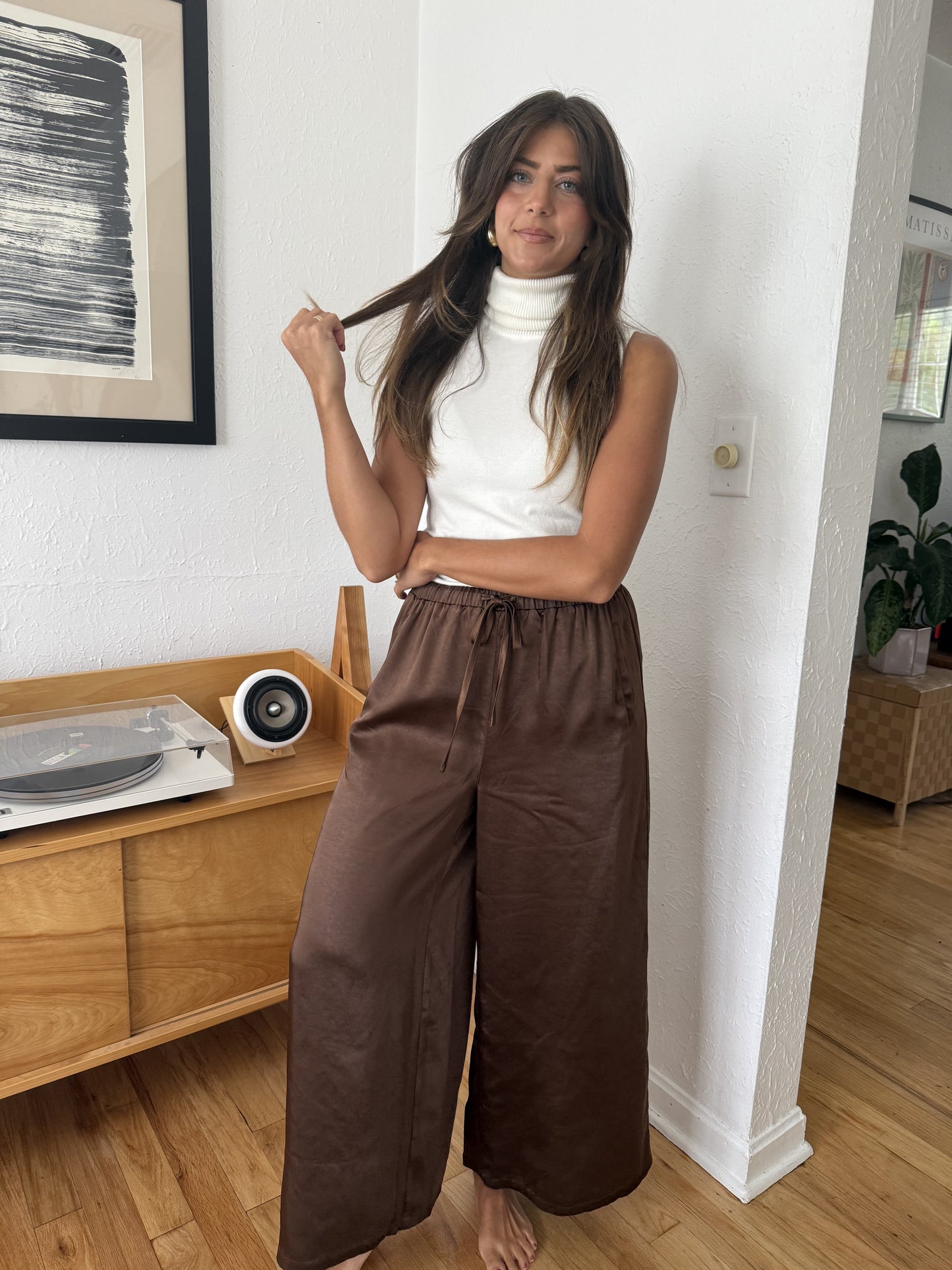 Gemma Satin Wide Leg Drawstring Pants (Brown)