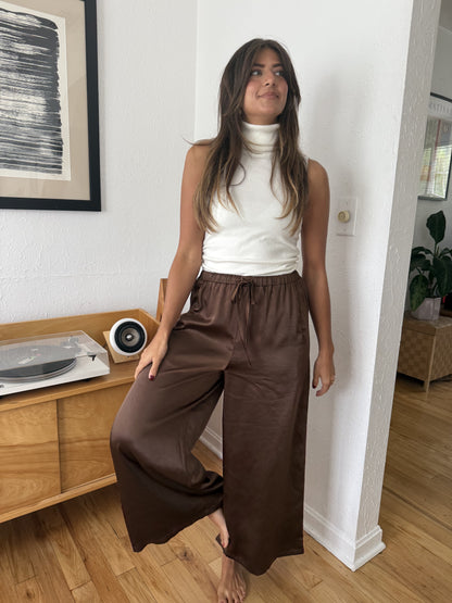 Gemma Satin Wide Leg Drawstring Pants (Brown)