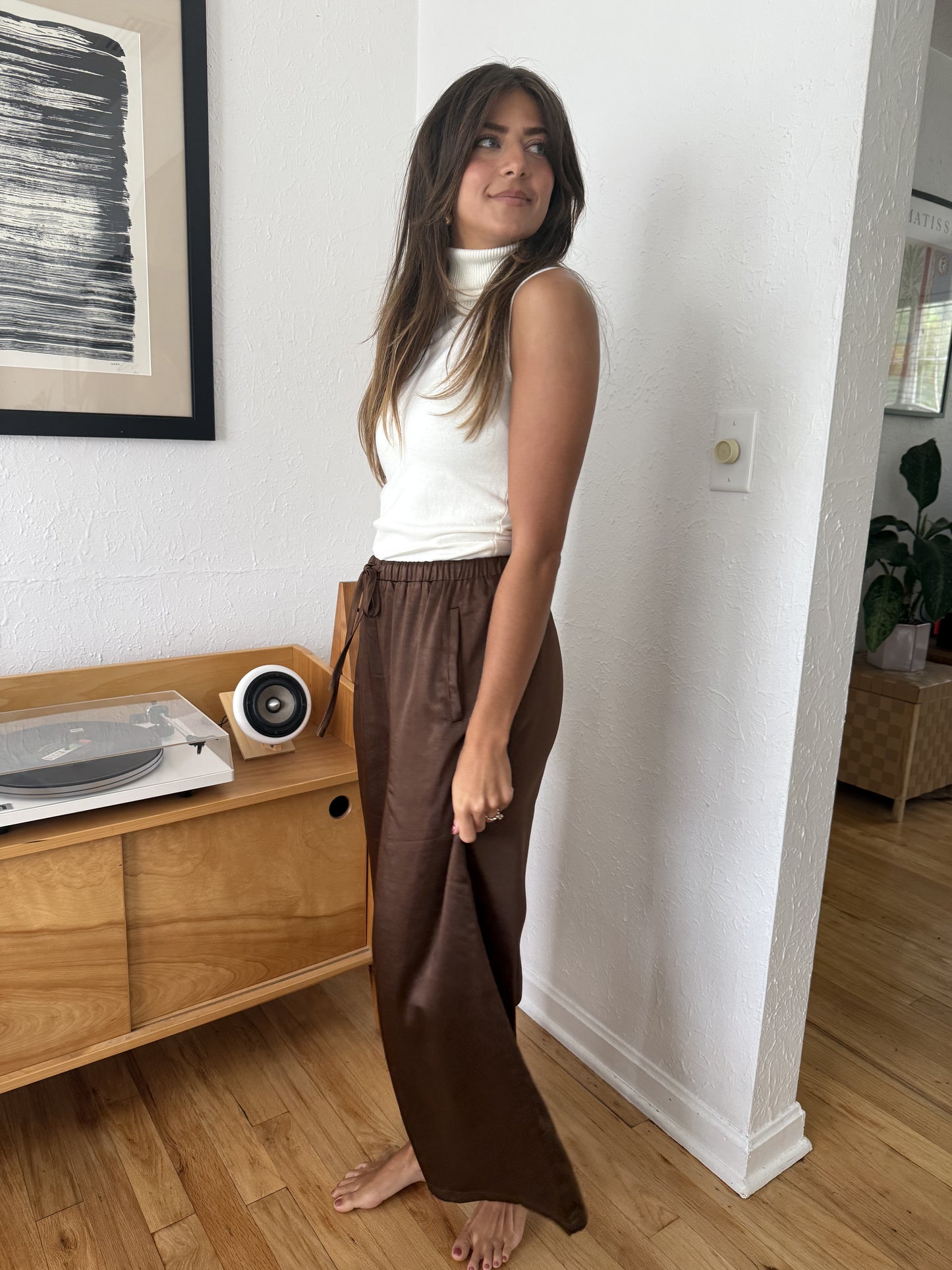 Gemma Satin Wide Leg Drawstring Pants (Brown)