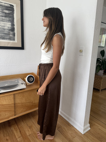 Gemma Satin Wide Leg Drawstring Pants (Brown)