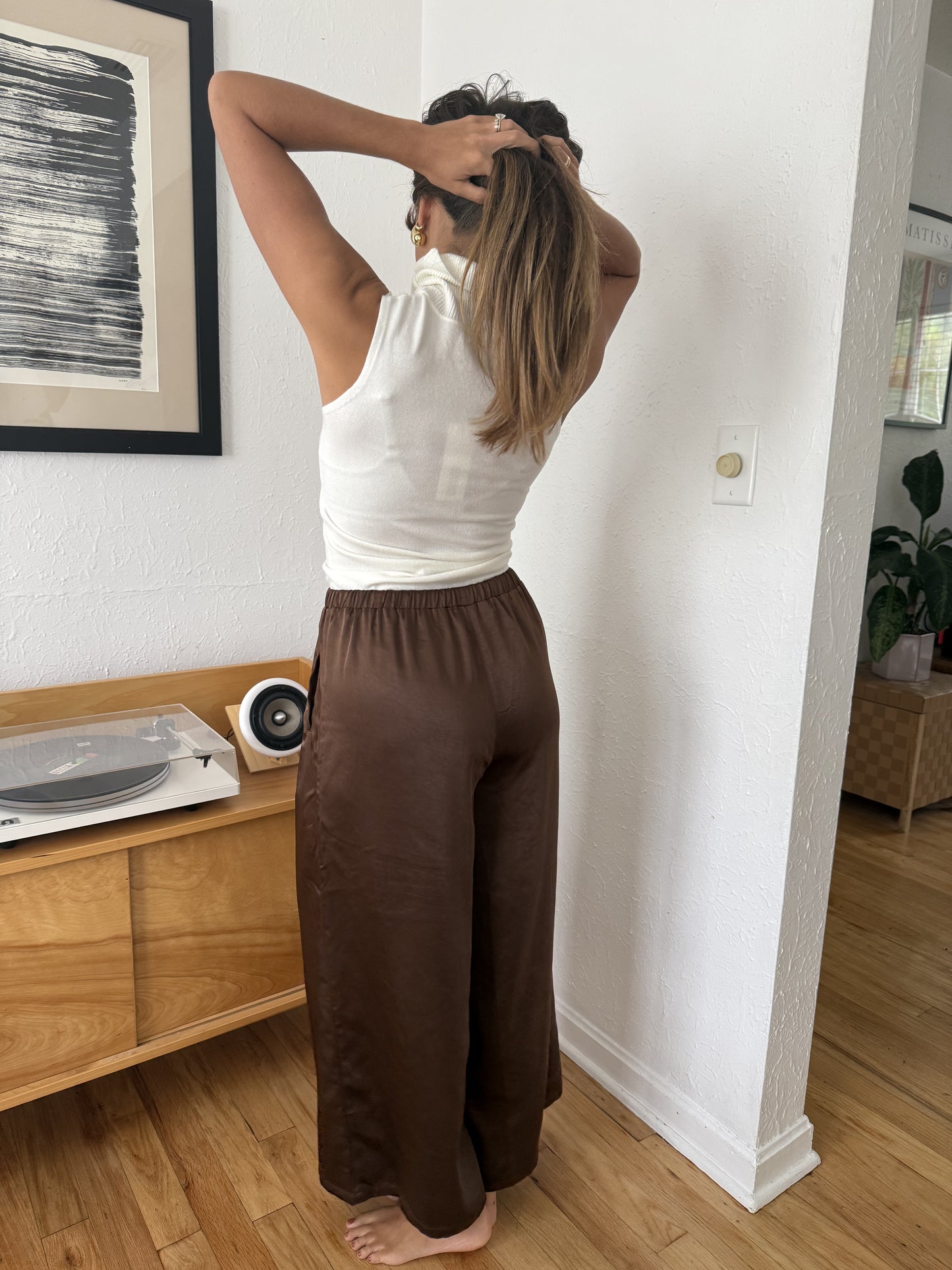 Gemma Satin Wide Leg Drawstring Pants (Brown)