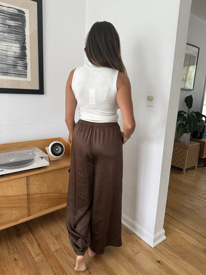 Gemma Satin Wide Leg Drawstring Pants (Brown)