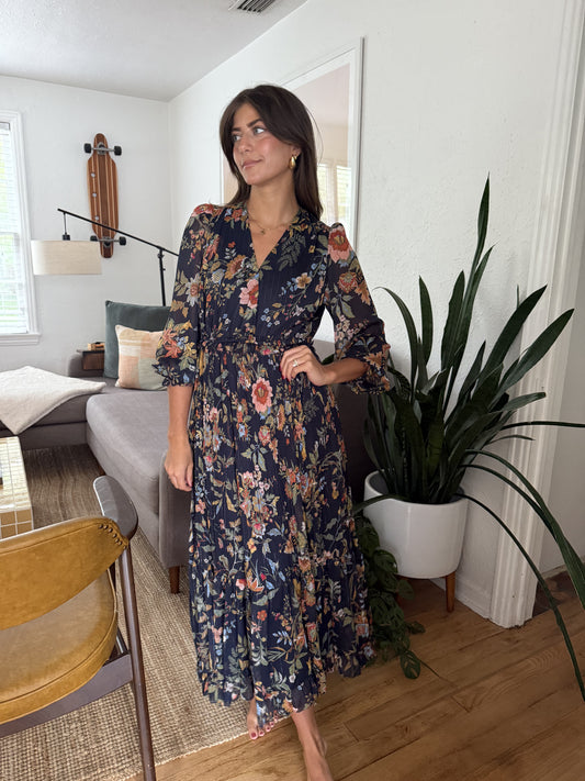 Current Air Midnight Floral Surplus Long Sleeve Midi Dress