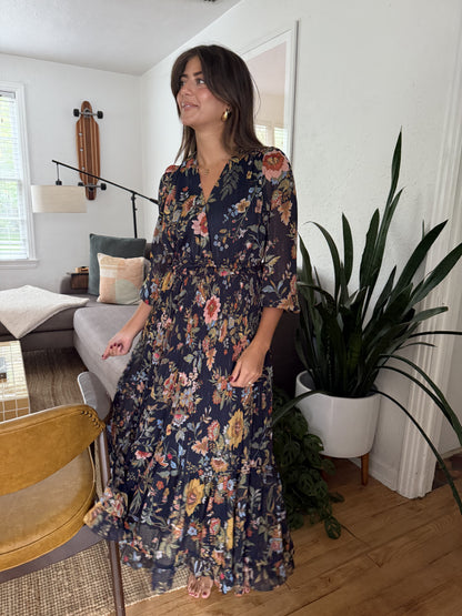 Current Air Midnight Floral Surplus Long Sleeve Midi Dress